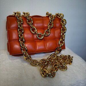 Bottega Veneta Orange Padded Cassette Bag w/ Chunky Gold Chain, w/ Duster